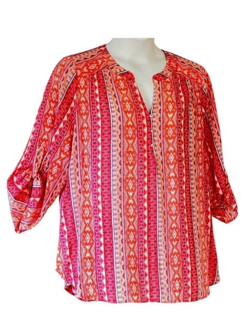 Kim Rogers Curvy BOHO Tunic Pink and Cantaloupe Aztec Print Gauze Women's 2X